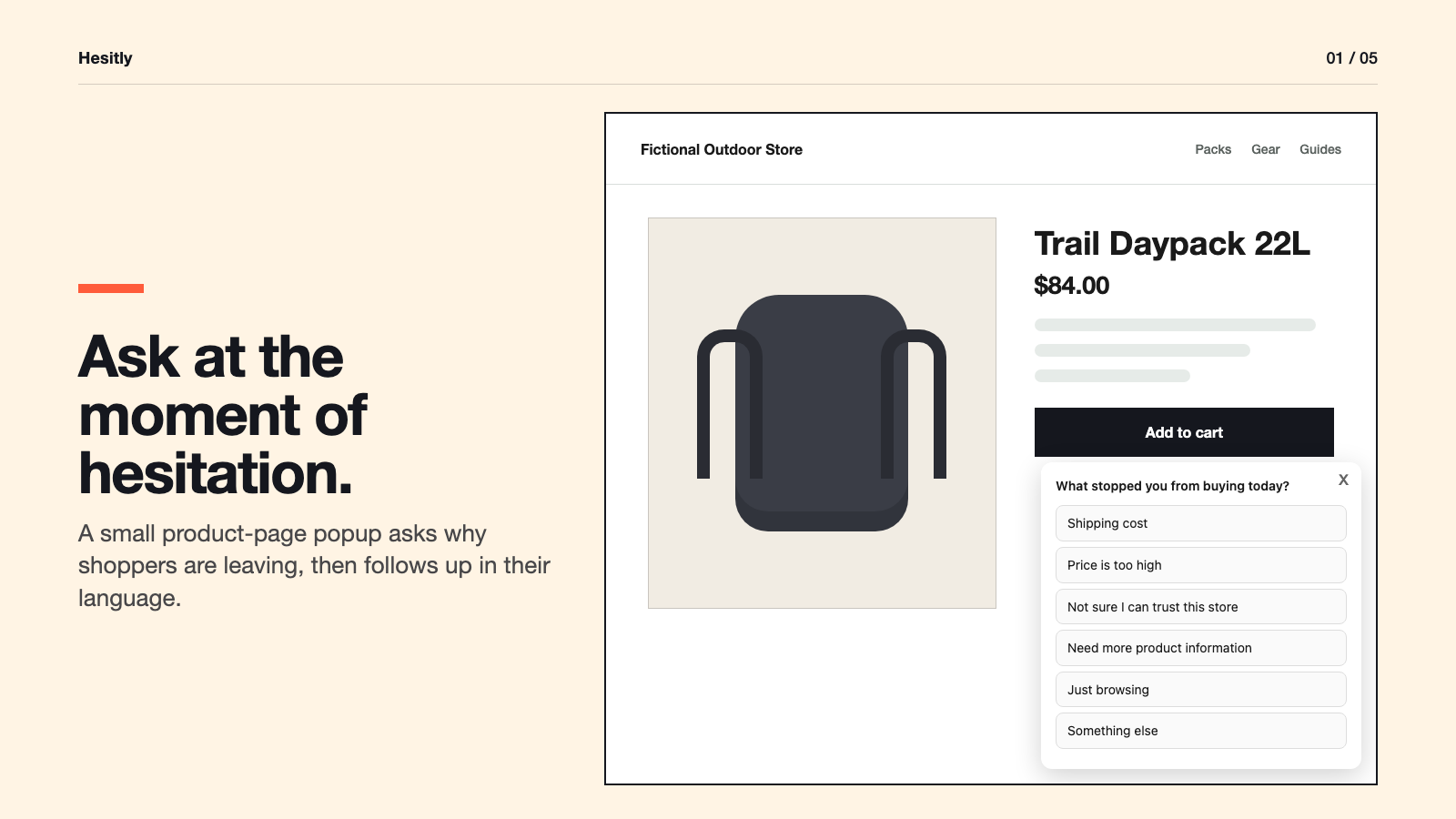 A product page with the Hesitly popup asking what stopped the shopper from buying